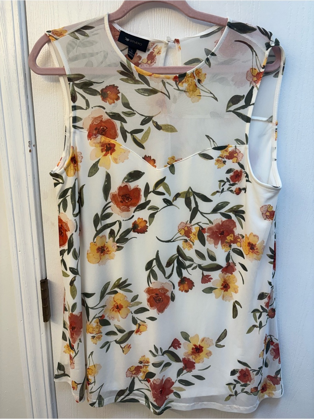 AB Studio White Floral Sheer Yoke Blouse with Yellow & Rust Blooms